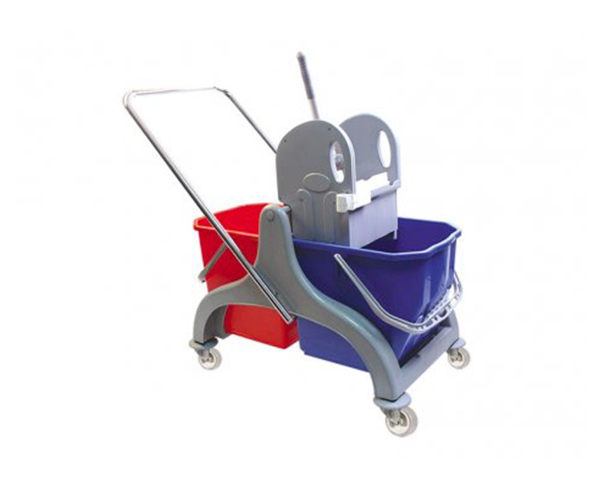 Krom Gövdeli Plastik Presli Çift Kovalı Temizlik Arabası